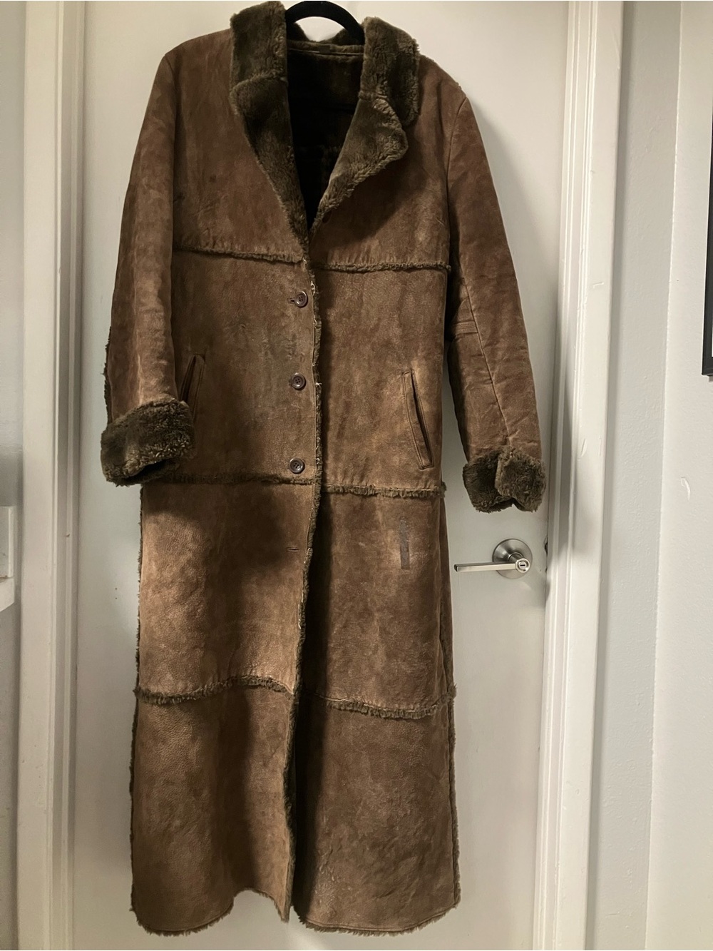 Brandon Thomas Brown Long Shearling Trench Coat